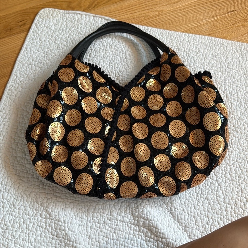 IPA NEMA Stylish Black and Gold Polka Dot Sequin Women's Bag